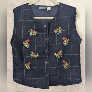NorthCrest Large (14-16) Navy Corduroy Vest With Floral Embroidery Vintage
